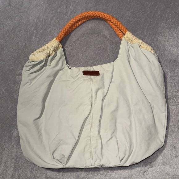 Serena & Lily Handbags - Serena & Lily Hobo Bag - Cream/Tan With Orange Handles‎